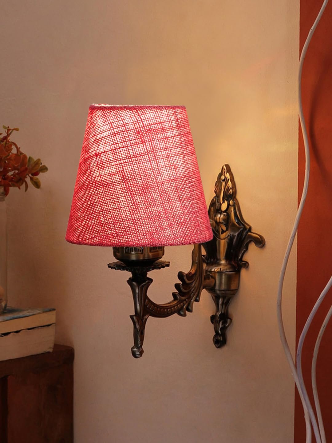 Antique Gold Wall Lamp for Office/Home/Gifting with Jute conical Pink Shade(7x5.5x9.25) Inches -25