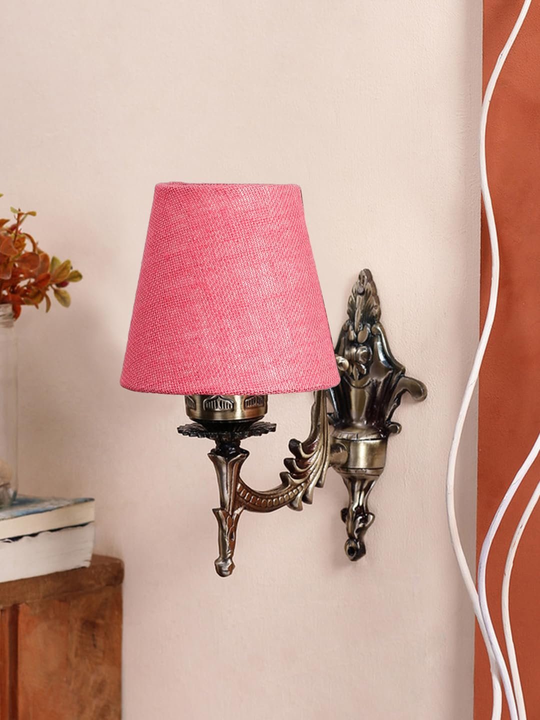 Antique Gold Wall Lamp for Office/Home/Gifting with Jute conical Pink Shade(7x5.5x9.25) Inches -25