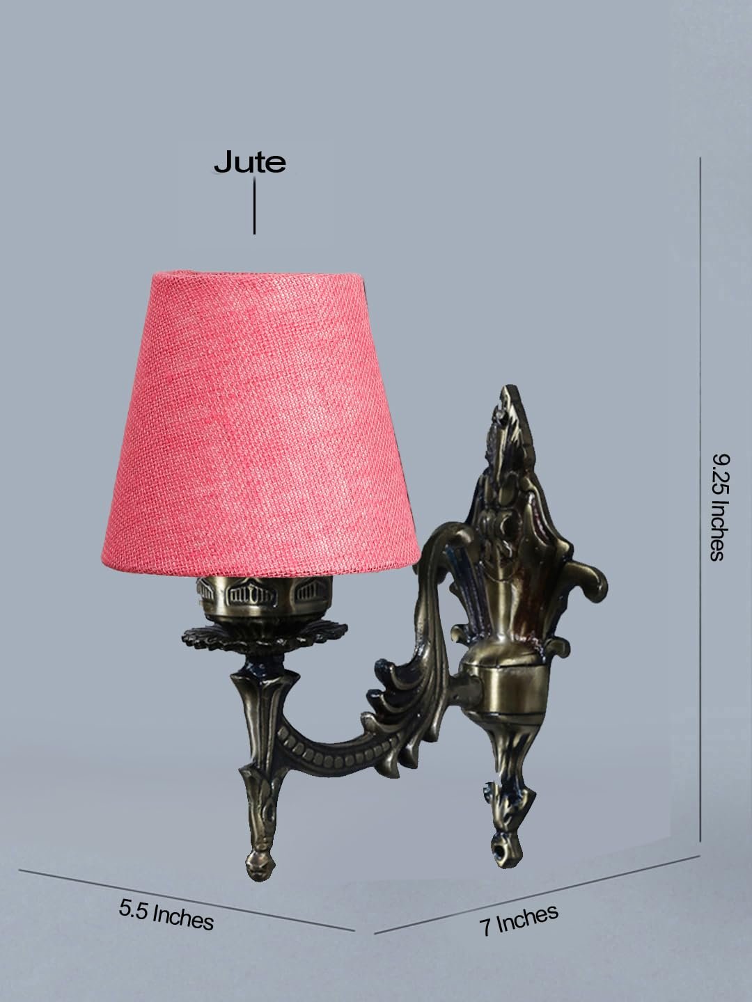 Antique Gold Wall Lamp for Office/Home/Gifting with Jute conical Pink Shade(7x5.5x9.25) Inches -25