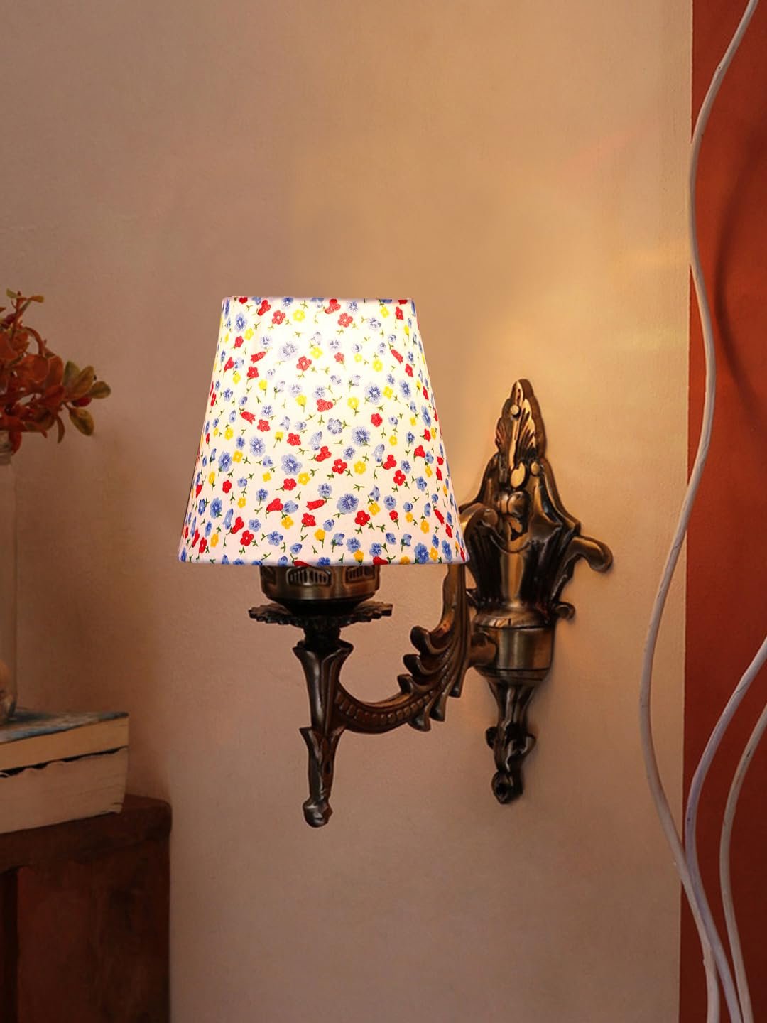 Antique Gold Wall Lamp for Office/Home/Gifting with Cotton conical Printed Shade(7x5.5x9.25) Inches -30