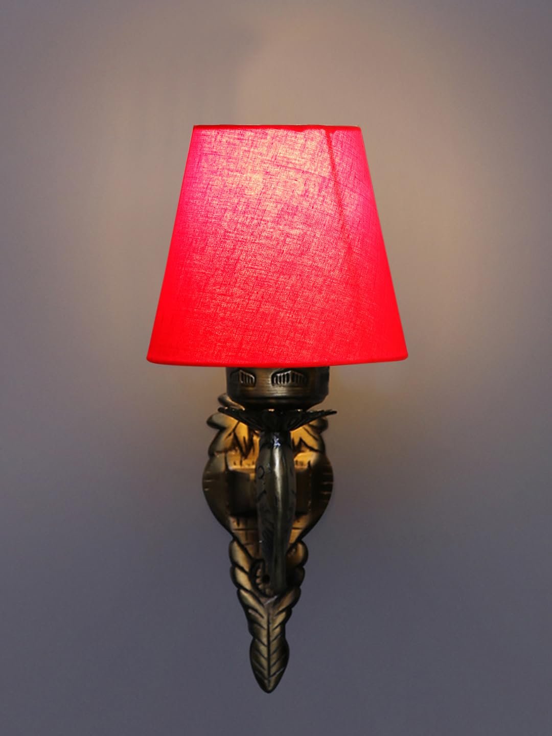 Antique Gold Fish Wall Lamp for Office/Home/Gifting with Cotton conical Red Shade(7x5.5x9.25) Inches