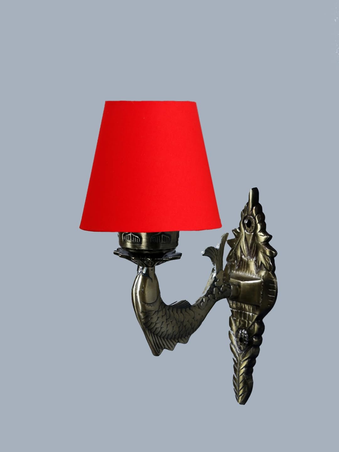 Antique Gold Fish Wall Lamp for Office/Home/Gifting with Cotton conical Red Shade(7x5.5x9.25) Inches