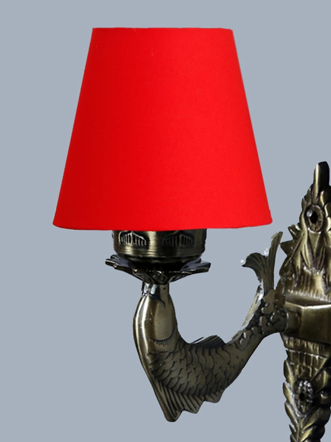 Antique Gold Fish Wall Lamp for Office/Home/Gifting with Cotton conical Red Shade(7x5.5x9.25) Inches