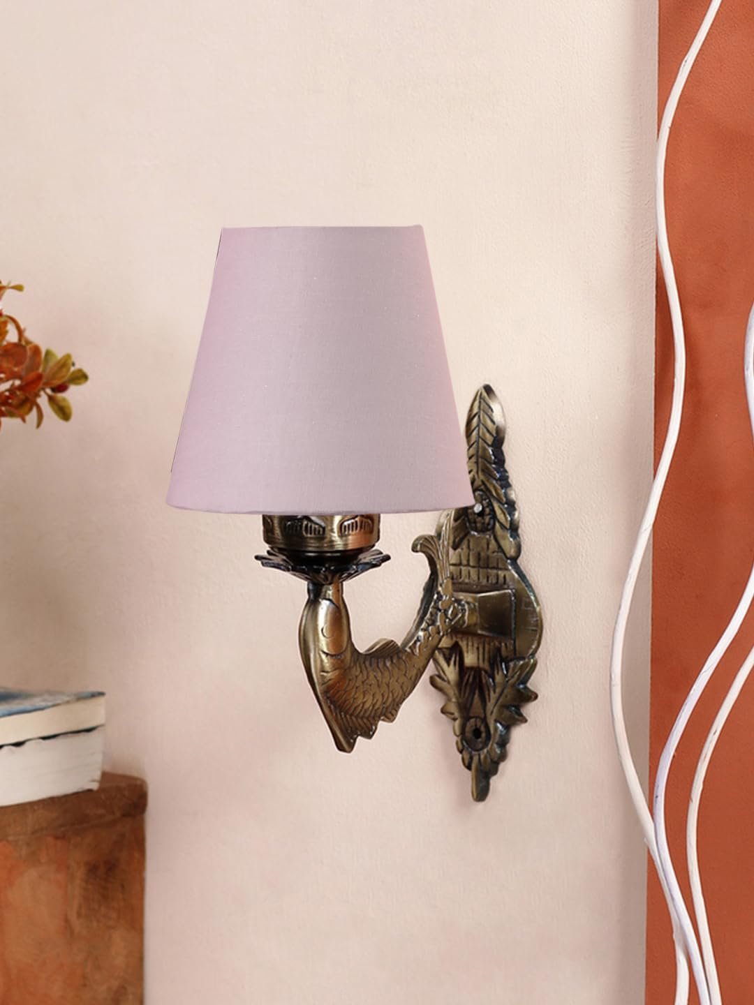 Antique Gold Fish Wall Lamp for Office/Home/Gifting with Cotton conical Grey Shade(7x5.5x9.25) Inches