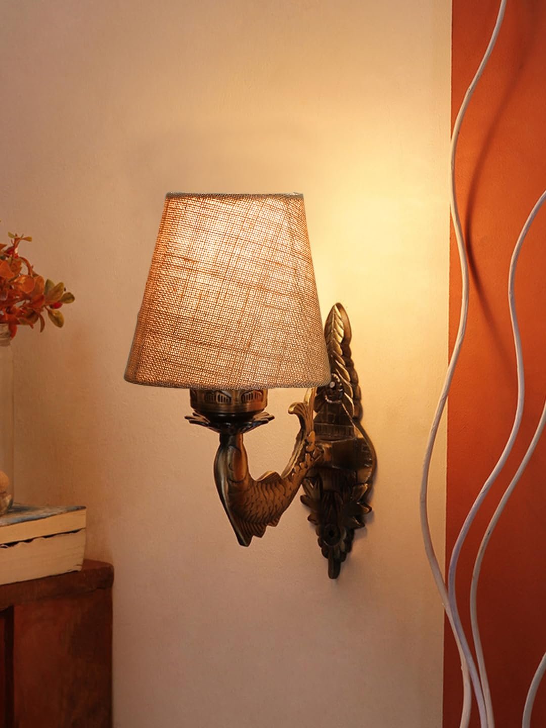 Antique Gold Fish Wall Lamp for Office/Home/Gifting with Jute conical Beige Shade(7x5.5x9.25) Inches