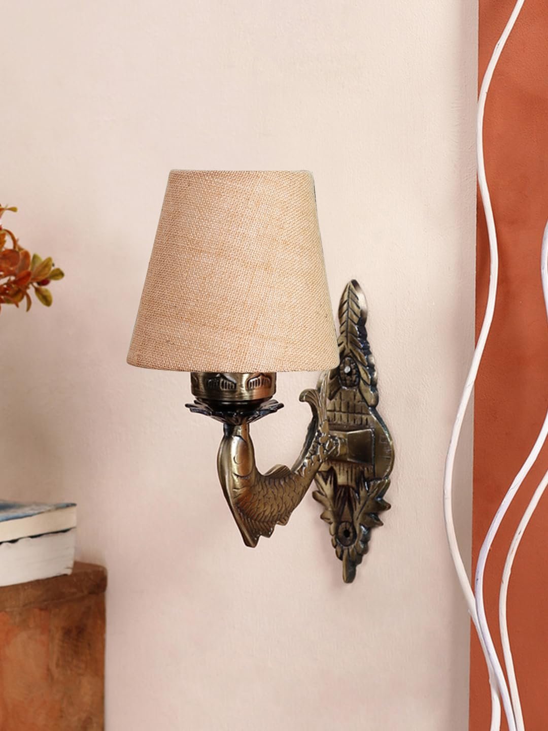 Antique Gold Fish Wall Lamp for Office/Home/Gifting with Jute conical Beige Shade(7x5.5x9.25) Inches