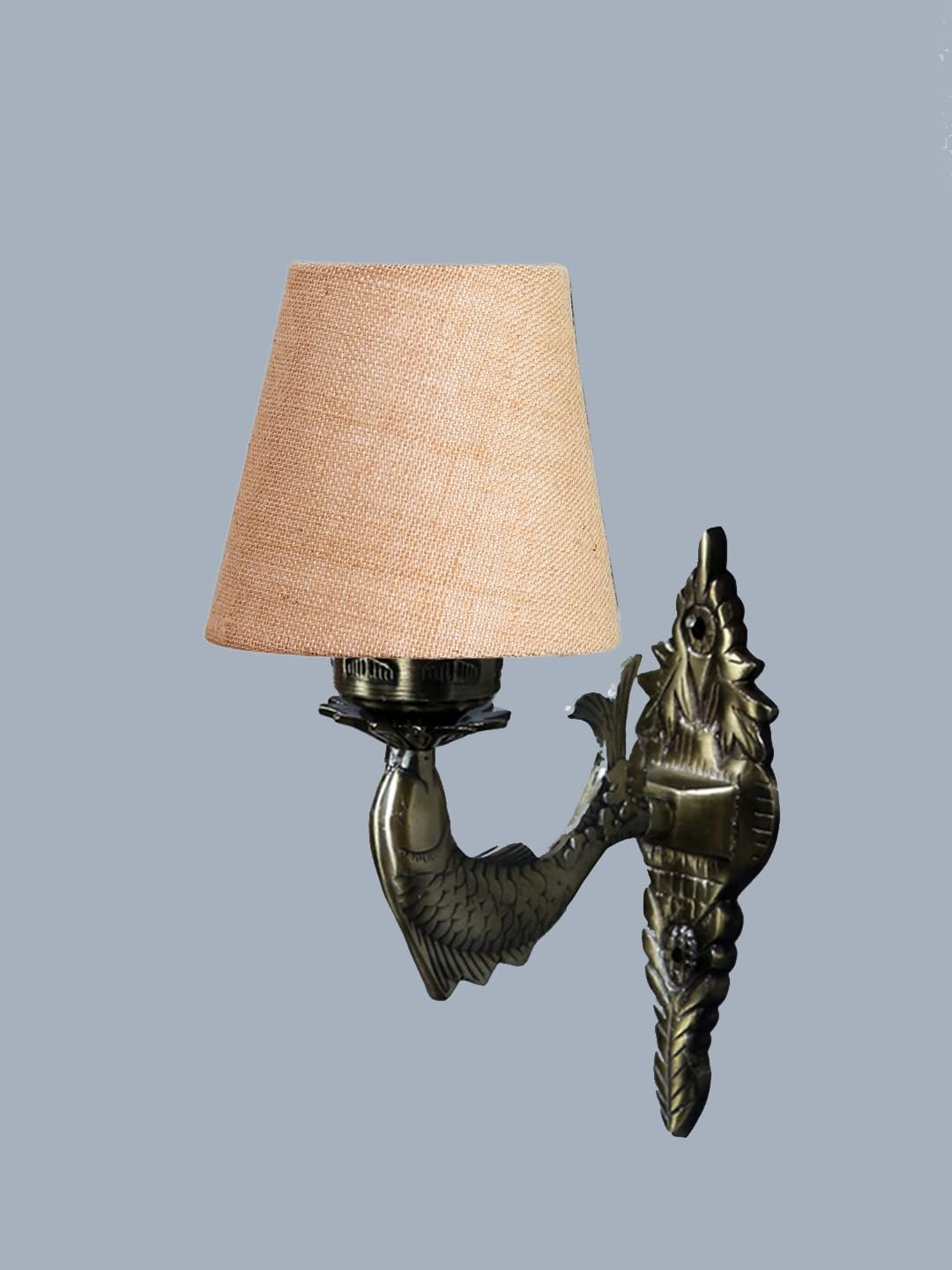 Antique Gold Fish Wall Lamp for Office/Home/Gifting with Jute conical Beige Shade(7x5.5x9.25) Inches