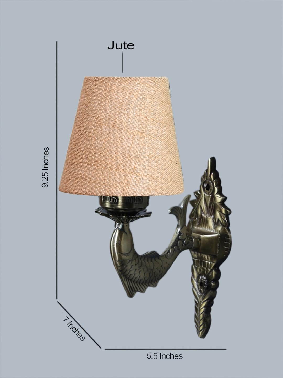 Antique Gold Fish Wall Lamp for Office/Home/Gifting with Jute conical Beige Shade(7x5.5x9.25) Inches