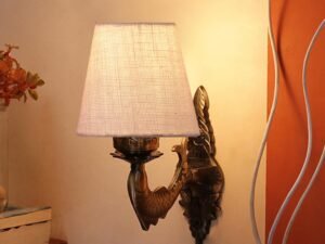Antique Gold Fish Wall Lamp for Office/Home/Gifting with Jute conical White Shade(7x5.5x9.25) Inches