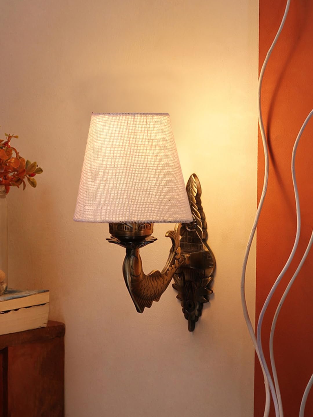 Antique Gold Fish Wall Lamp for Office/Home/Gifting with Jute conical White Shade(7x5.5x9.25) Inches