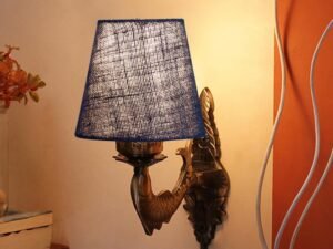Antique Gold Fish Wall Lamp for Office/Home/Gifting with Jute conical Blue Shade(7x5.5x9.25) Inches -42