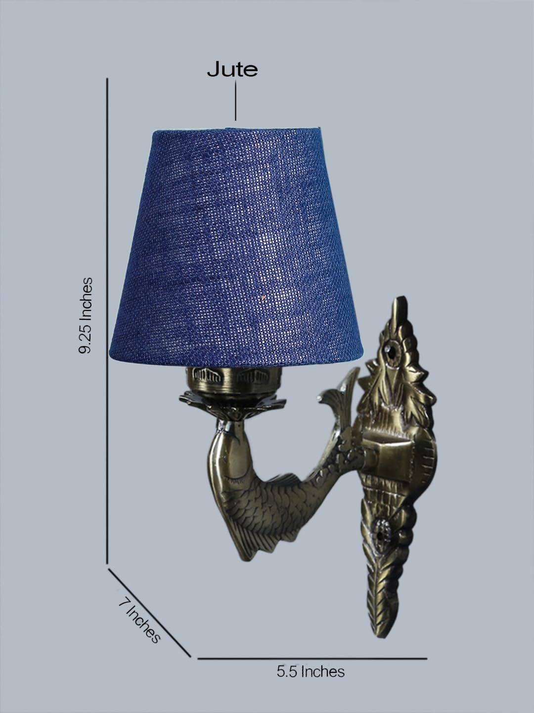 Antique Gold Fish Wall Lamp for Office/Home/Gifting with Jute conical Blue Shade(7x5.5x9.25) Inches -42