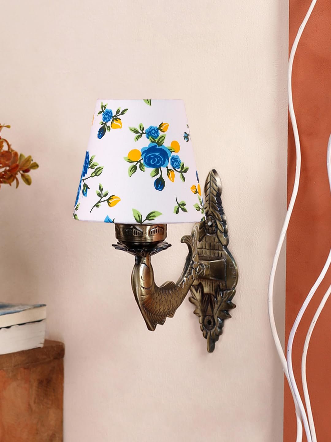 Antique Gold Fish Wall Lamp for Office/Home/Gifting with Cotton conical Printed Shade(7x5.5x9.25) Inches -43
