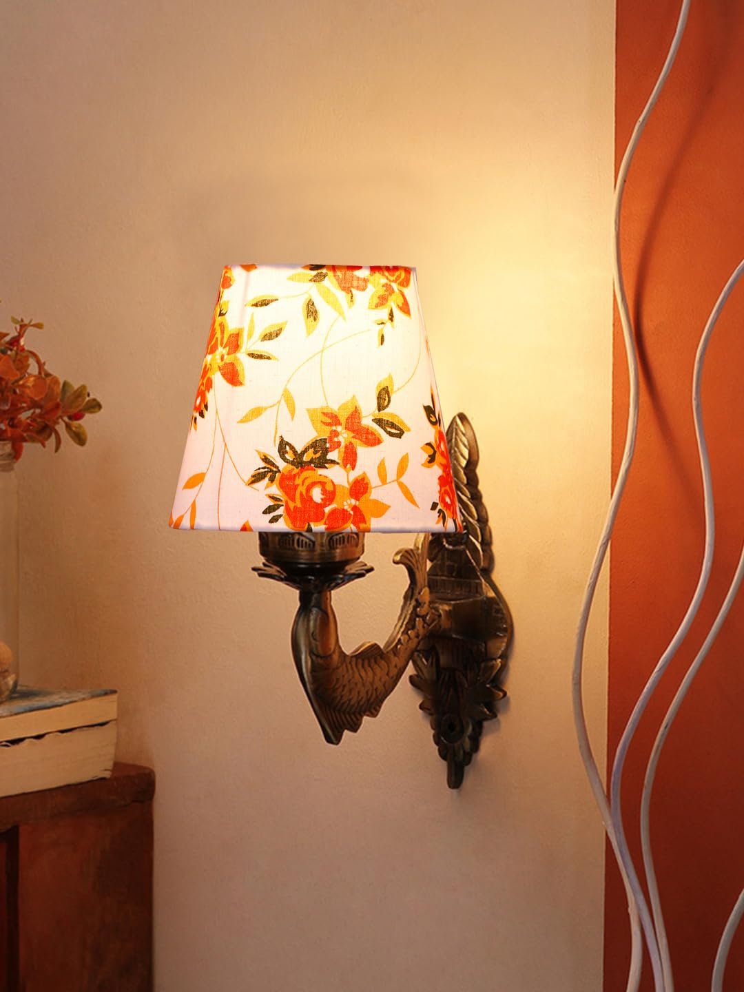 Antique Gold Fish Wall Lamp for Office/Home/Gifting with Cotton conical Printed Shade(7x5.5x9.25) Inches -44