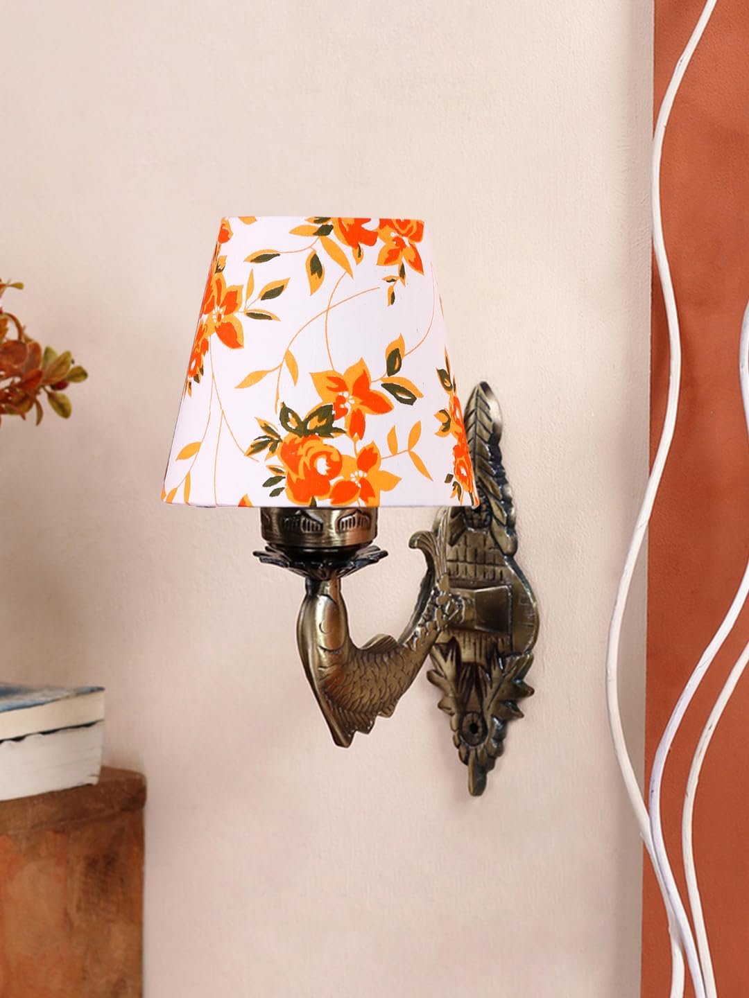 Antique Gold Fish Wall Lamp for Office/Home/Gifting with Cotton conical Printed Shade(7x5.5x9.25) Inches -44
