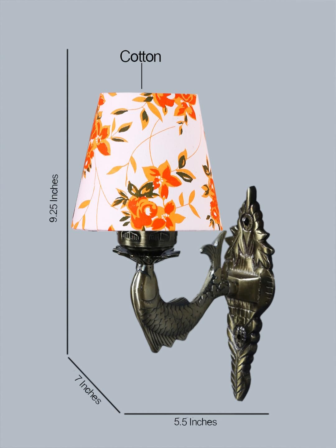 Antique Gold Fish Wall Lamp for Office/Home/Gifting with Cotton conical Printed Shade(7x5.5x9.25) Inches -44