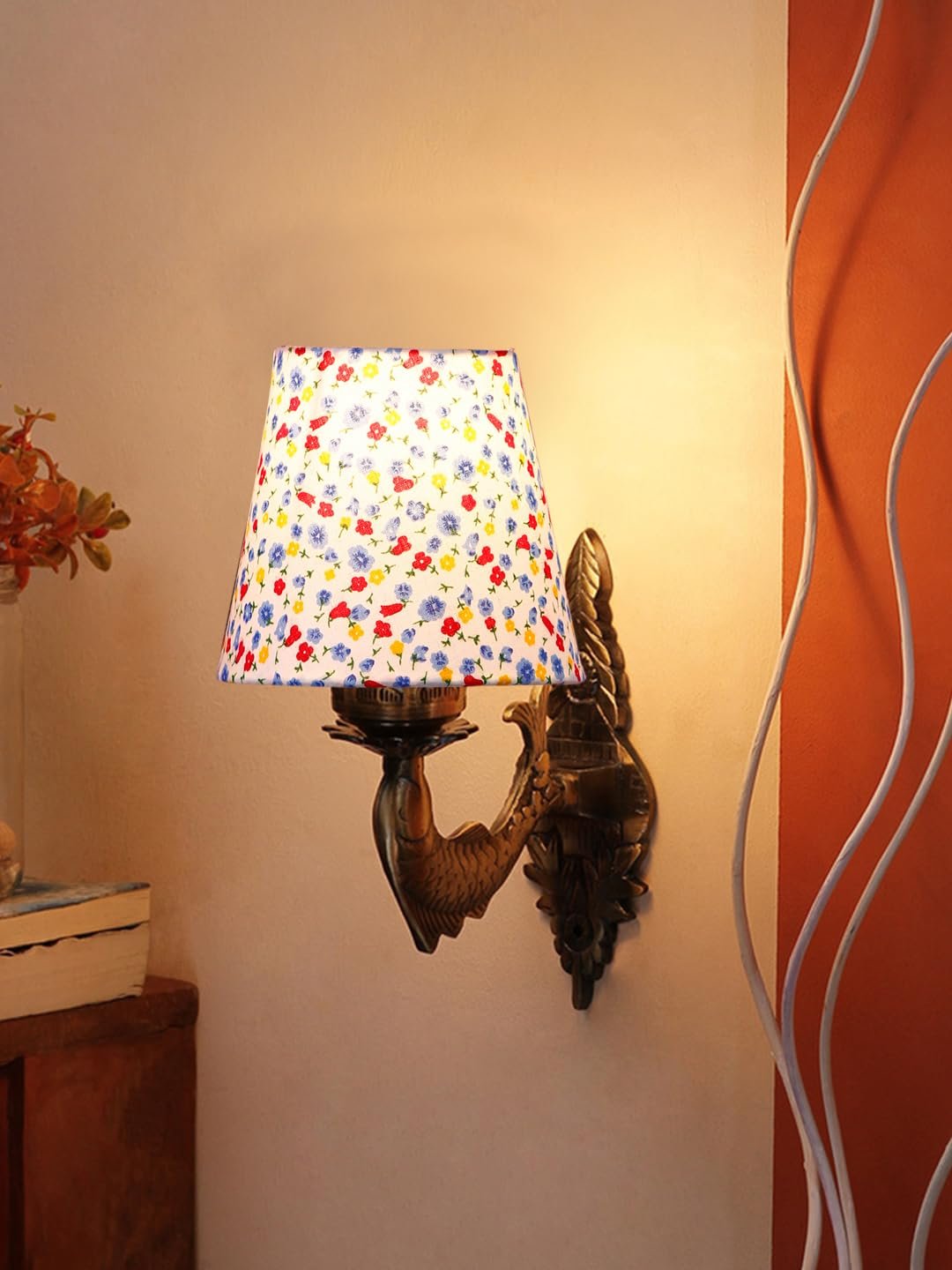 Antique Gold Fish Wall Lamp for Office/Home/Gifting with Cotton conical Printed Shade(7x5.5x9.25) Inches -45