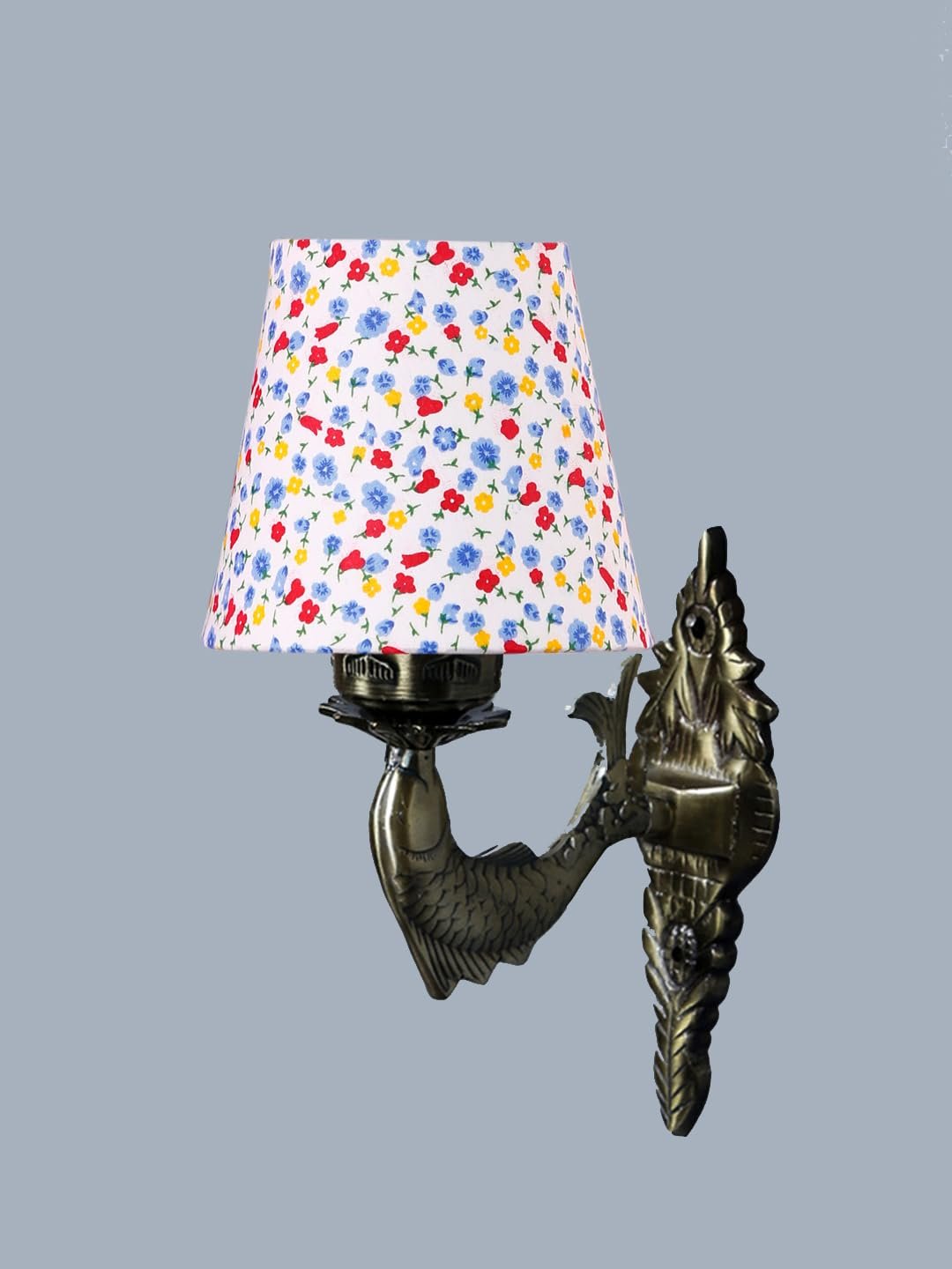 Antique Gold Fish Wall Lamp for Office/Home/Gifting with Cotton conical Printed Shade(7x5.5x9.25) Inches -45