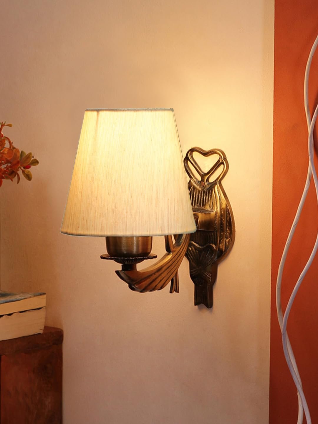 Antique Gold Wall Lamp for Office/Home/Gifting with Cotton conical Off-White Shade(7x5.5x9.25) Inches -46