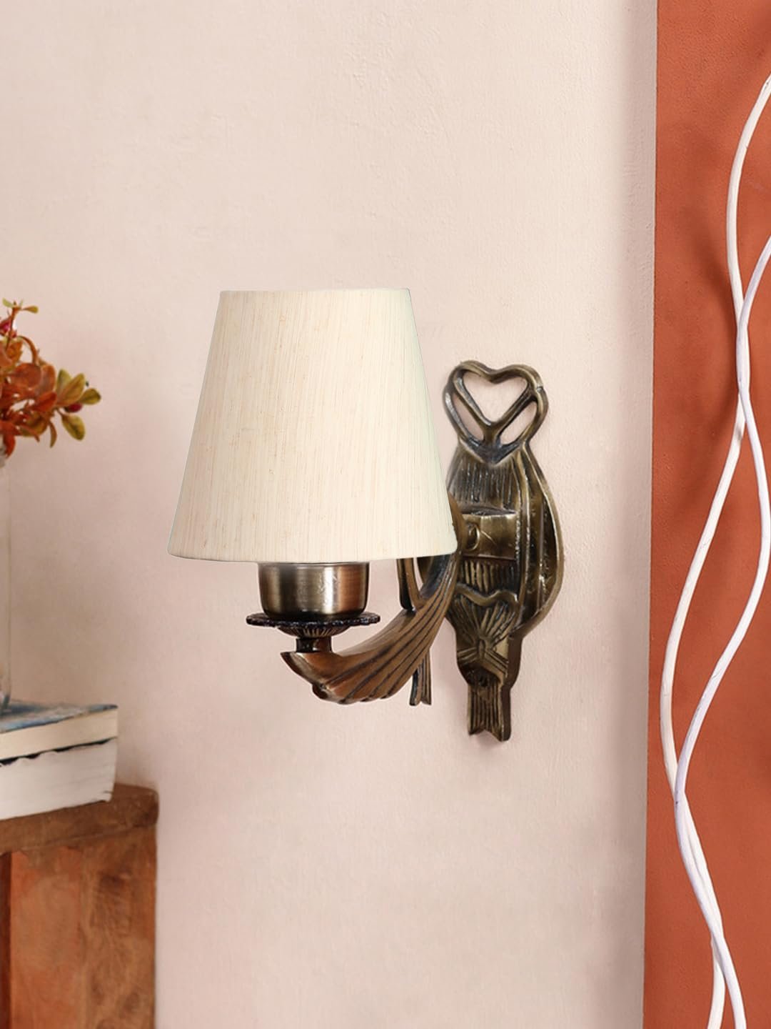 Antique Gold Wall Lamp for Office/Home/Gifting with Cotton conical Off-White Shade(7x5.5x9.25) Inches -46