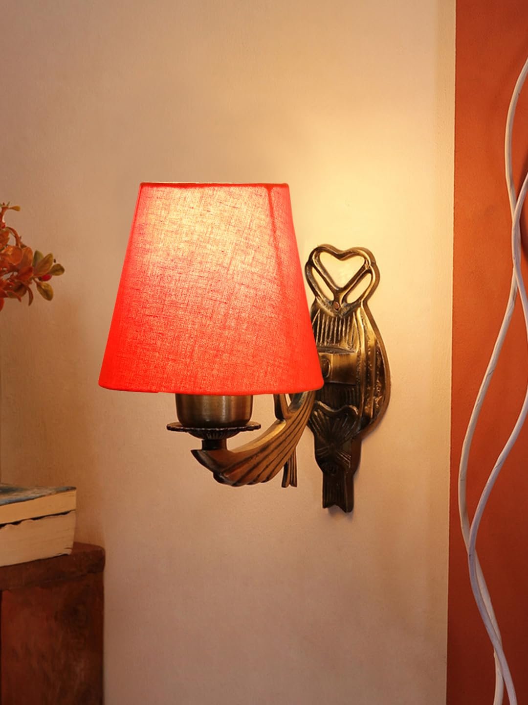 Antique Gold Wall Lamp for Office/Home/Gifting with Cotton conical Orange Shade(7x5.5x9.25) Inches