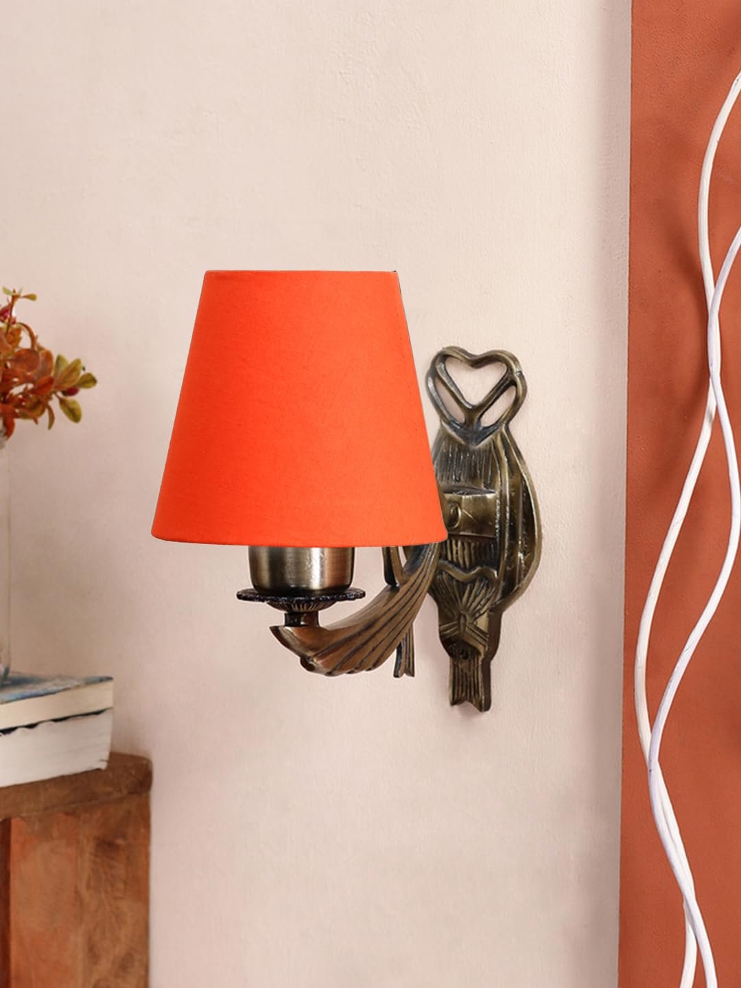 Antique Gold Wall Lamp for Office/Home/Gifting with Cotton conical Orange Shade(7x5.5x9.25) Inches