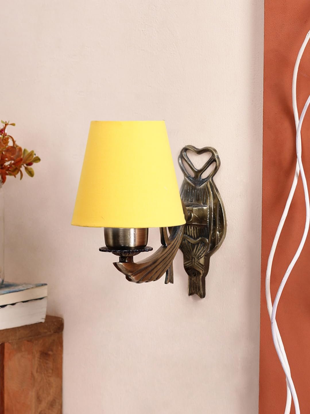 Antique Gold Wall Lamp for Office/Home/Gifting with Cotton conical Yellow Shade(7x5.5x9.25) Inches