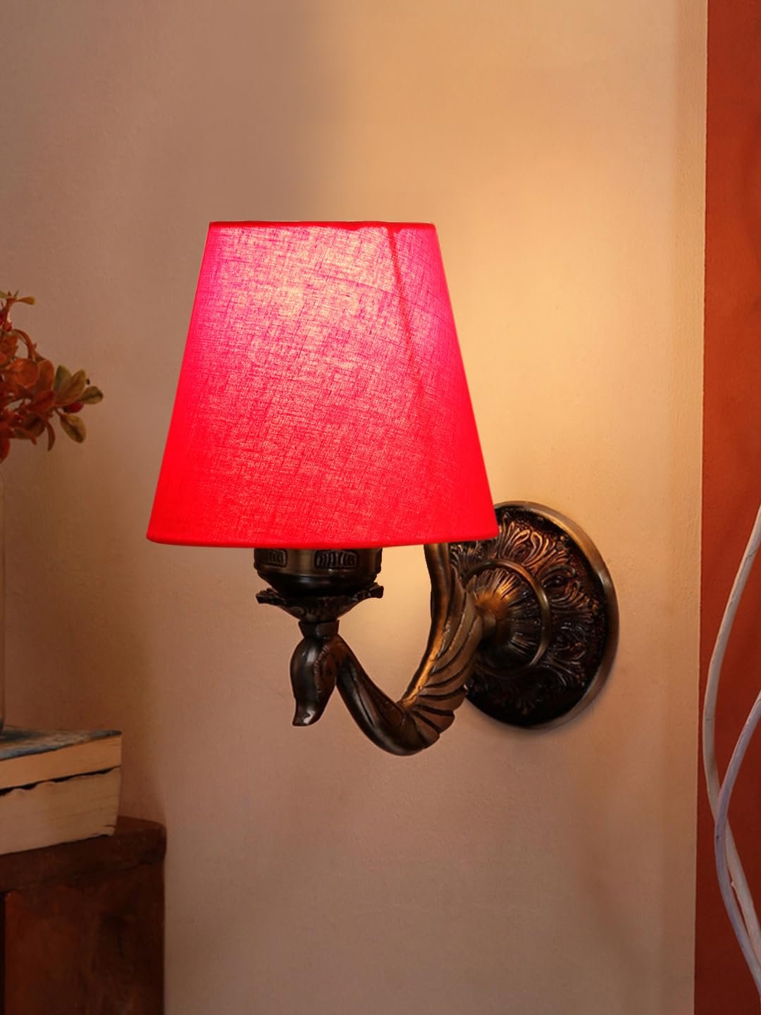 Antique Gold Wall Lamp for Office/Home/Gifting with Cotton conical Red Shade(7x5.5x9.25) Inches -63