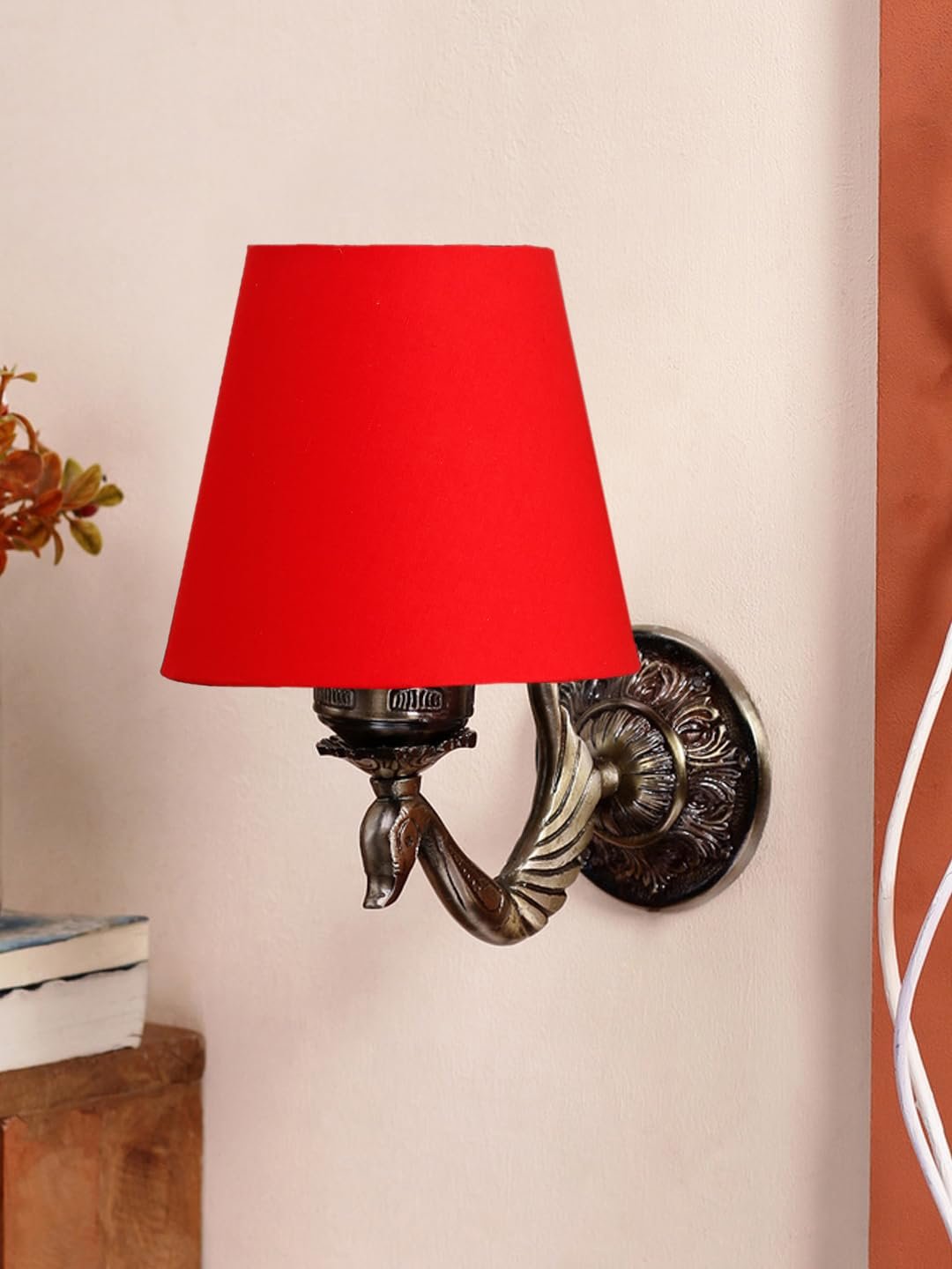 Antique Gold Wall Lamp for Office/Home/Gifting with Cotton conical Red Shade(7x5.5x9.25) Inches -63
