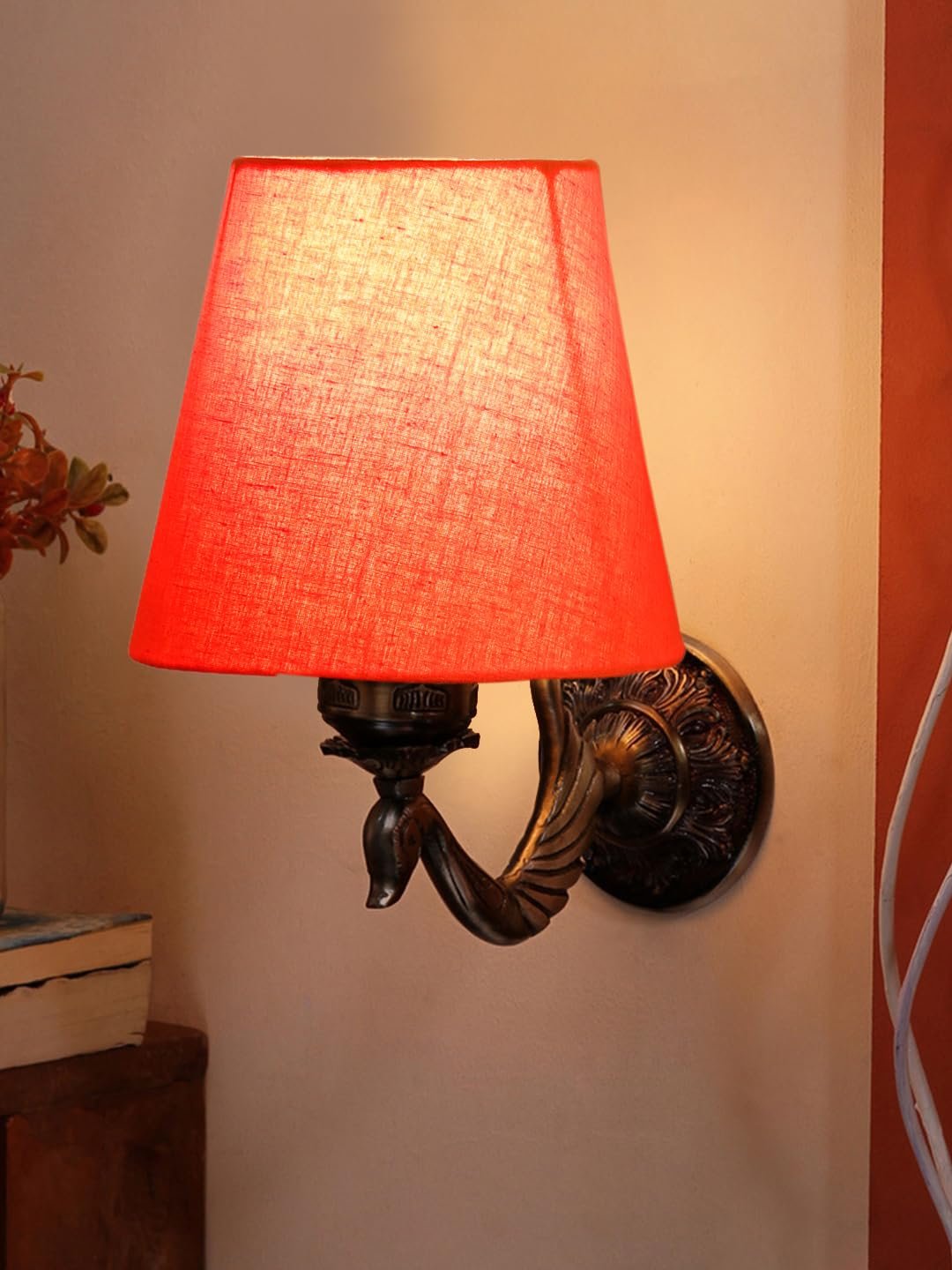 Antique Gold Wall Lamp for Office/Home/Gifting with Cotton conical Orange Shade(7x5.5x9.25) Inches -64