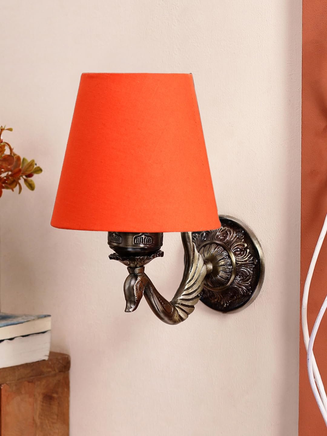 Antique Gold Wall Lamp for Office/Home/Gifting with Cotton conical Orange Shade(7x5.5x9.25) Inches -64