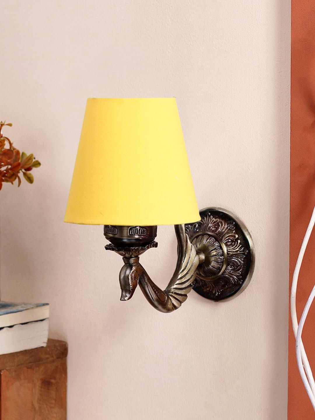 Antique Gold Wall Lamp for Office/Home/Gifting with Cotton conical Yellow Shade(7x5.5x9.25) Inches -65