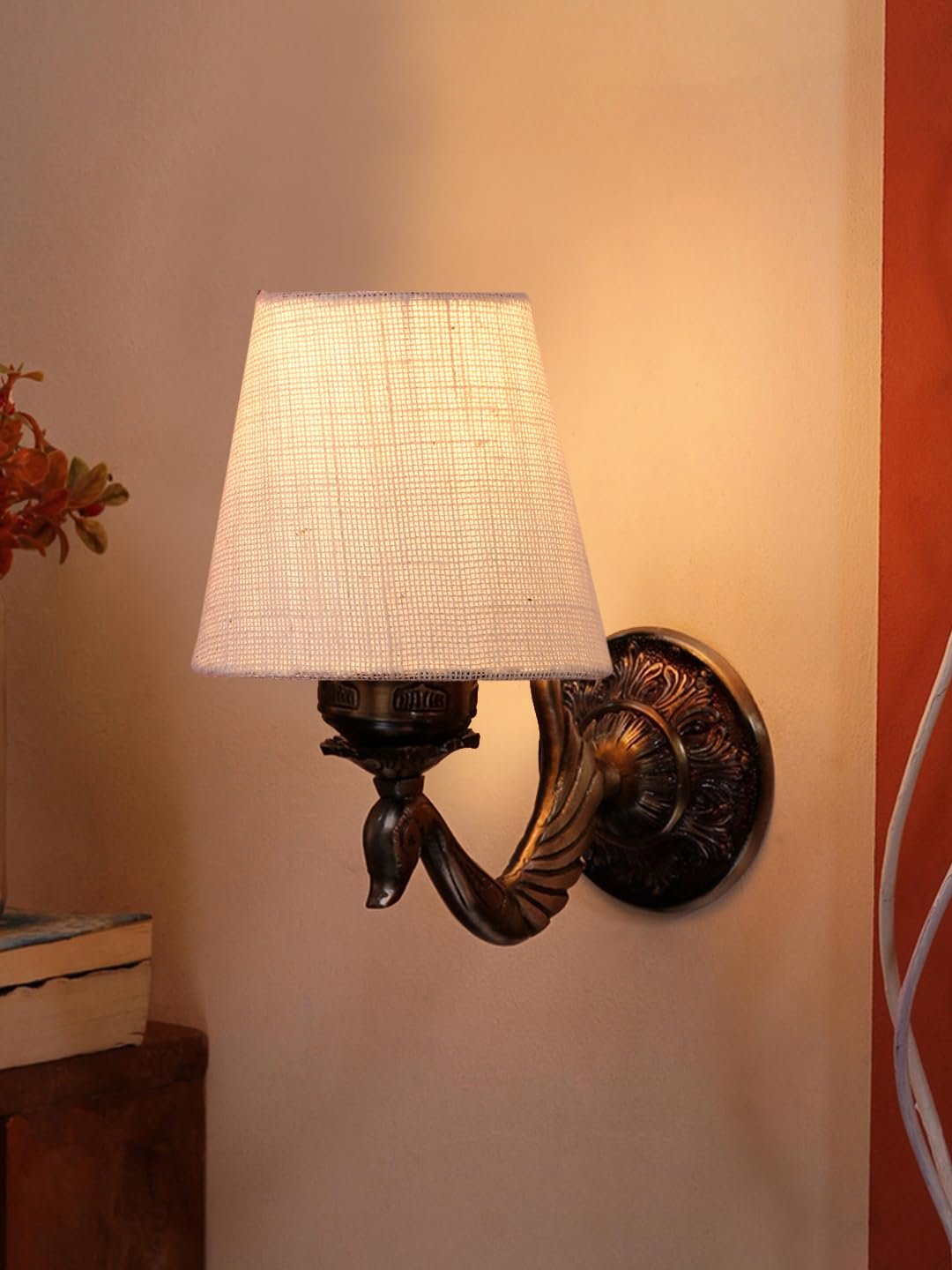 Antique Gold Wall Lamp for Office/Home/Gifting with Jute conical White Shade(7x5.5x9.25) Inches-68