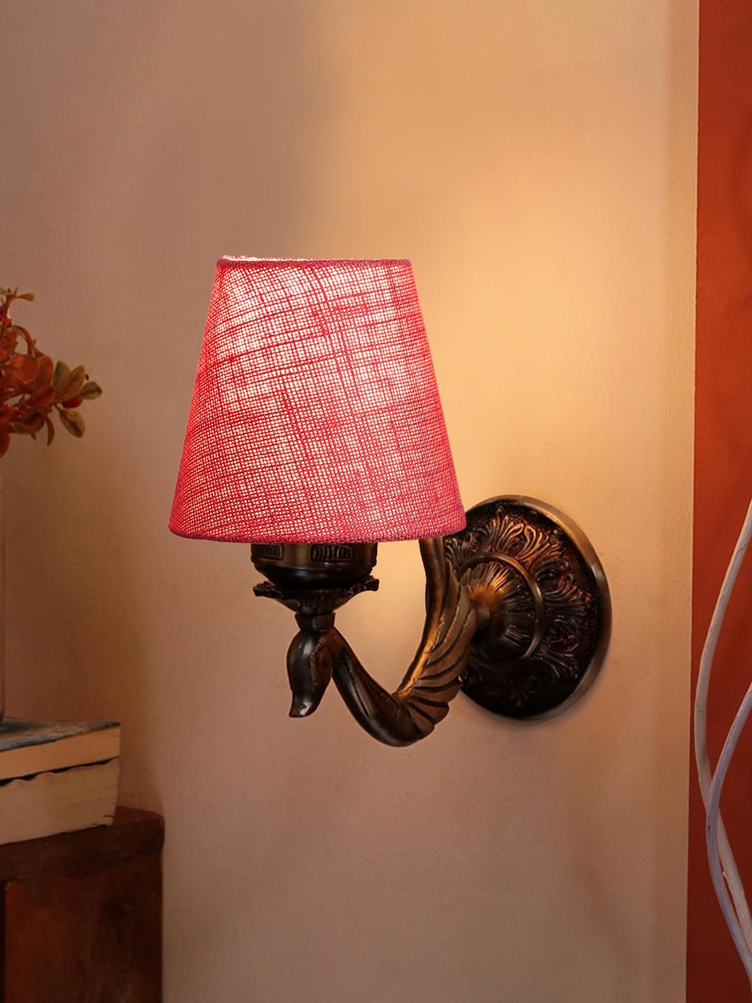 Antique Gold Wall Lamp for Office/Home/Gifting with Jute conical Pink Shade(7x5.5x9.25) Inches -69