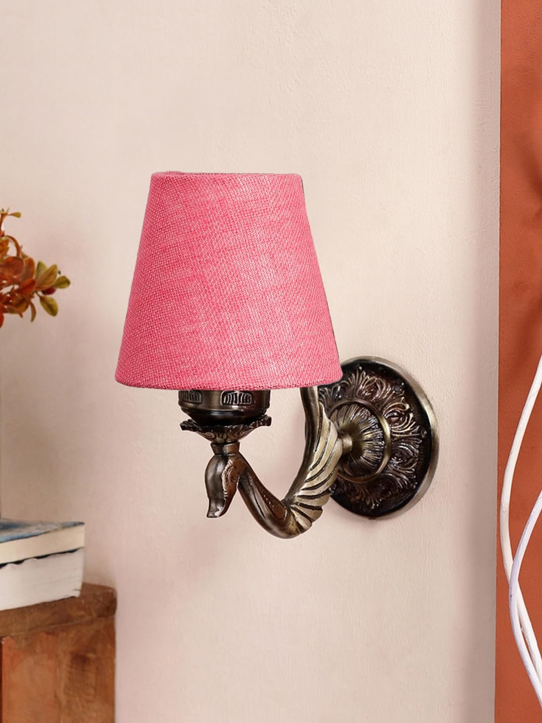 Antique Gold Wall Lamp for Office/Home/Gifting with Jute conical Pink Shade(7x5.5x9.25) Inches -69