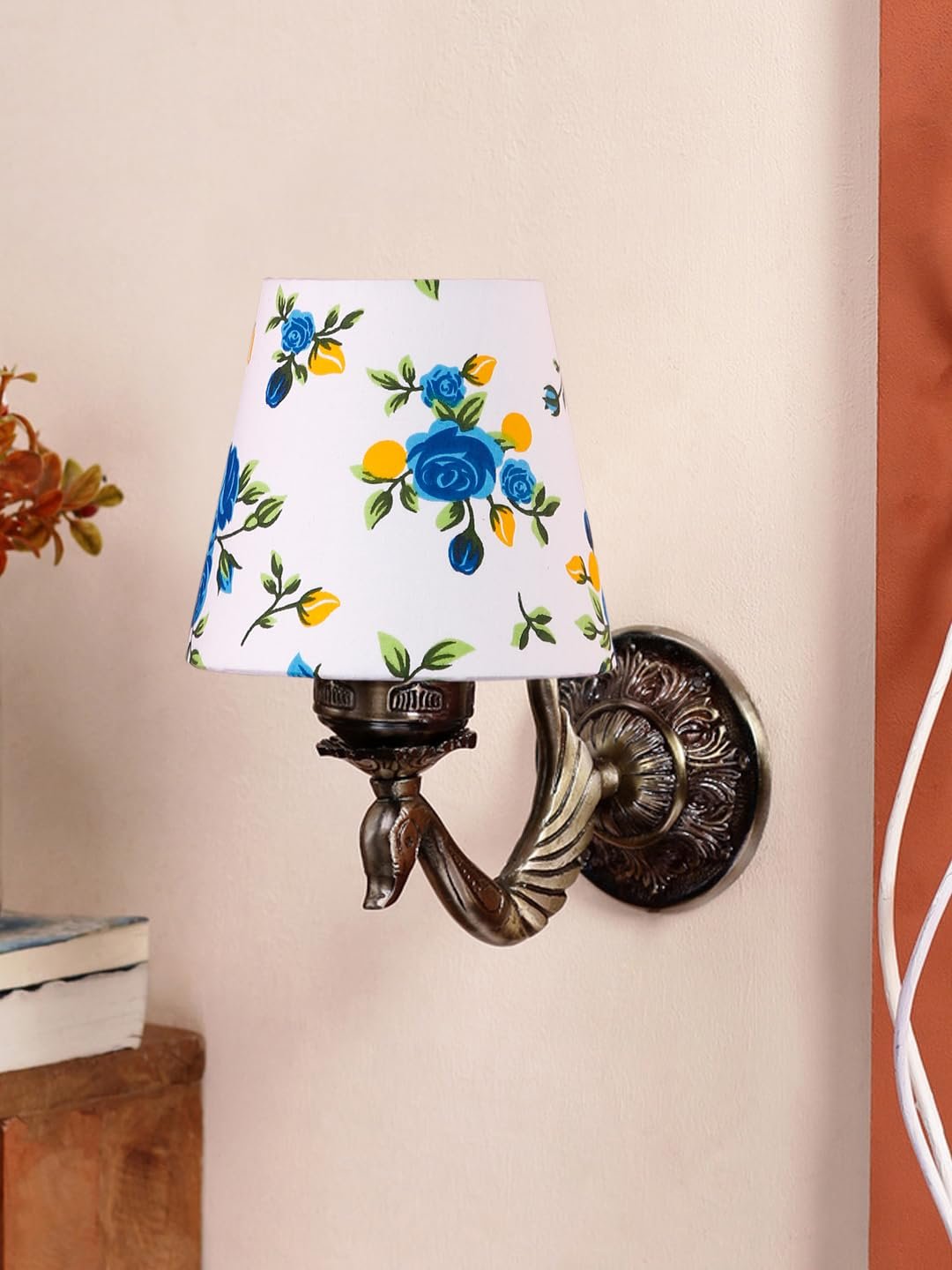 Antique Gold Wall Lamp for Office/Home/Gifting with Cotton conical Printed Shade(7x5.5x9.25) Inches -73