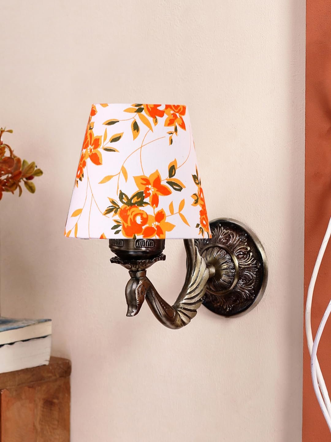 Antique Gold Wall Lamp for Office/Home/Gifting with Cotton conical Printed Shade(7x5.5x9.25) Inches -74