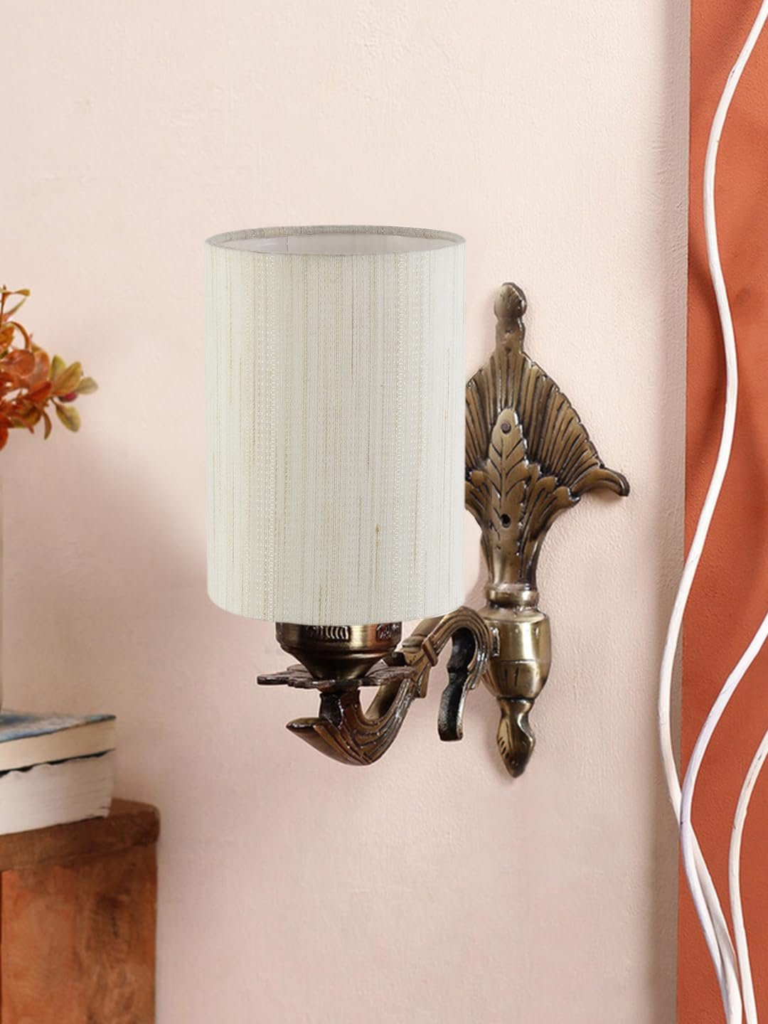 Antique Gold Wall Lamp for Office/Home/Gifting with Cotton Off-White Shade(8x4.25x11) Inches -76