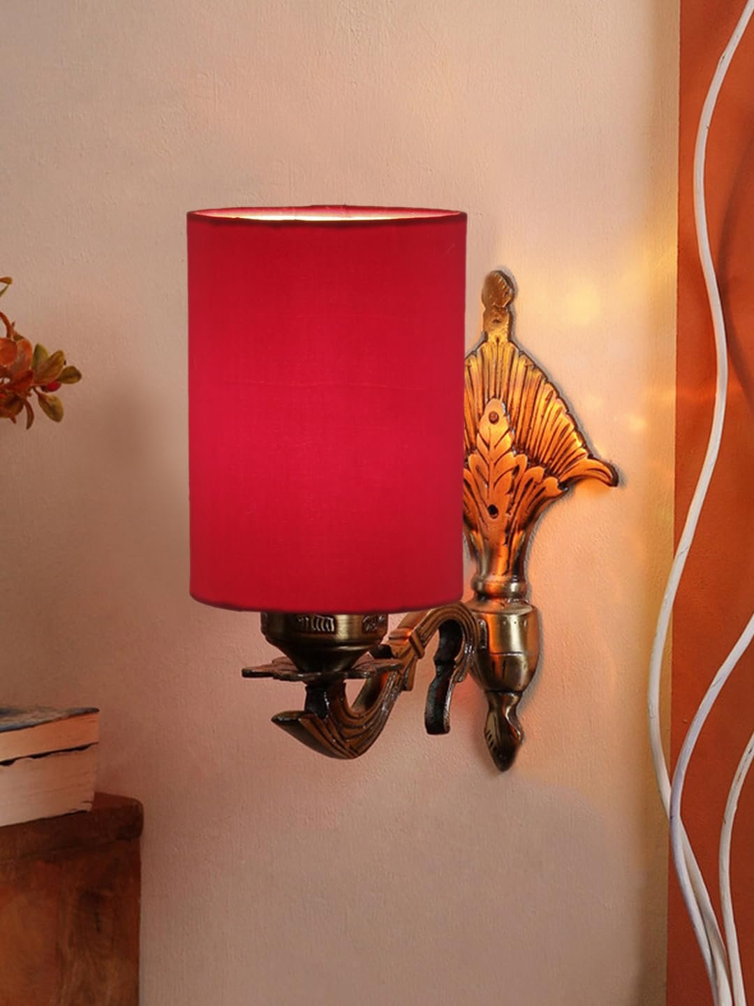Antique Gold Wall Lamp for Office/Home/Gifting with Cotton Red Shade(8x4.25x11) Inches -78
