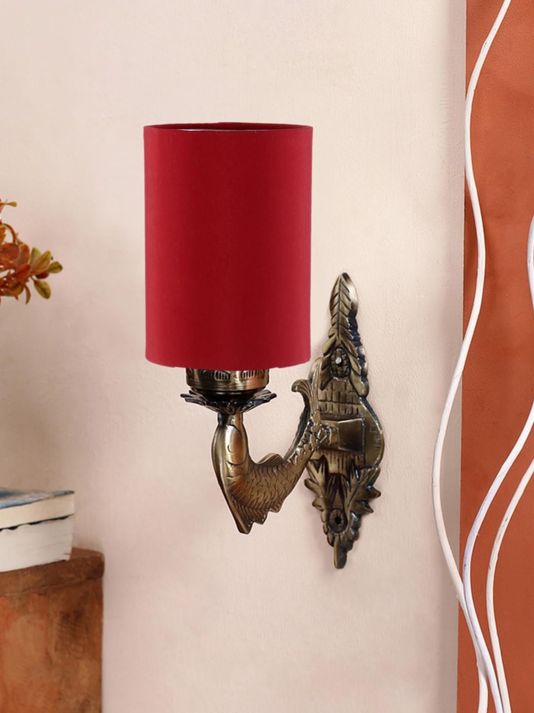 Antique Gold Wall Lamp for Office/Home/Gifting with Cotton Red Shade(8x4.25x11) Inches -93