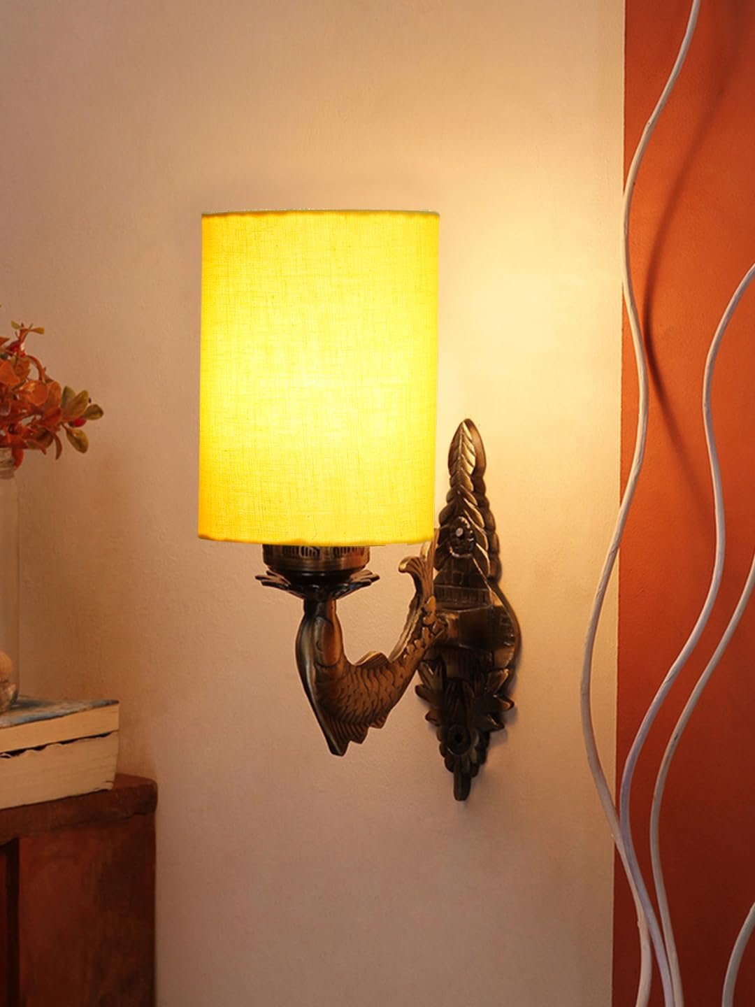 Antique Gold Wall Lamp for Office/Home/Gifting with Cotton Yellow Shade(8x4.25x11) Inches -95