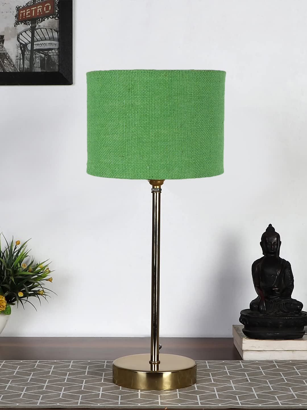 Green Jute with Metal Gold Table Lamp(Q)