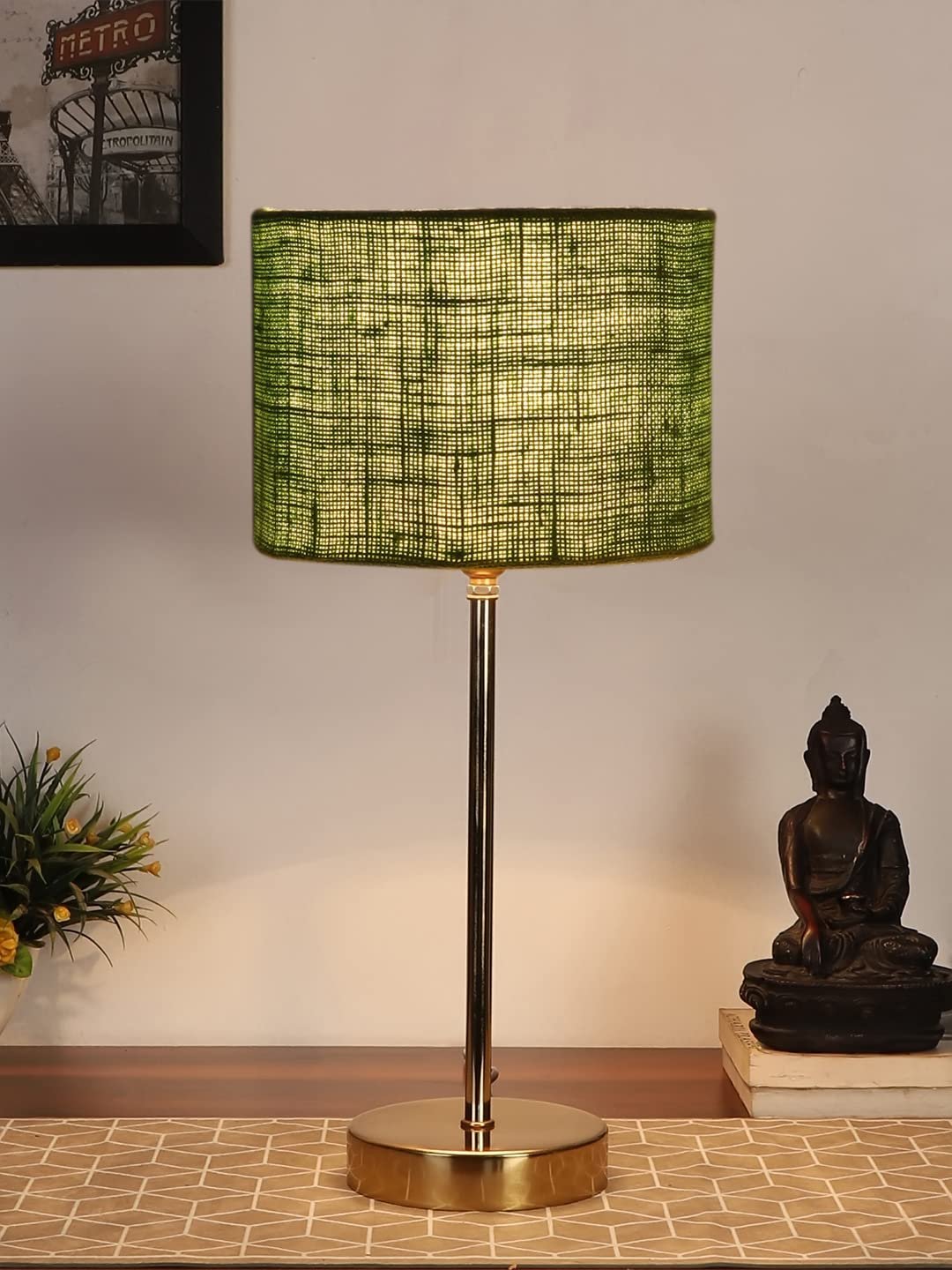 Green Jute with Metal Gold Table Lamp(Q)