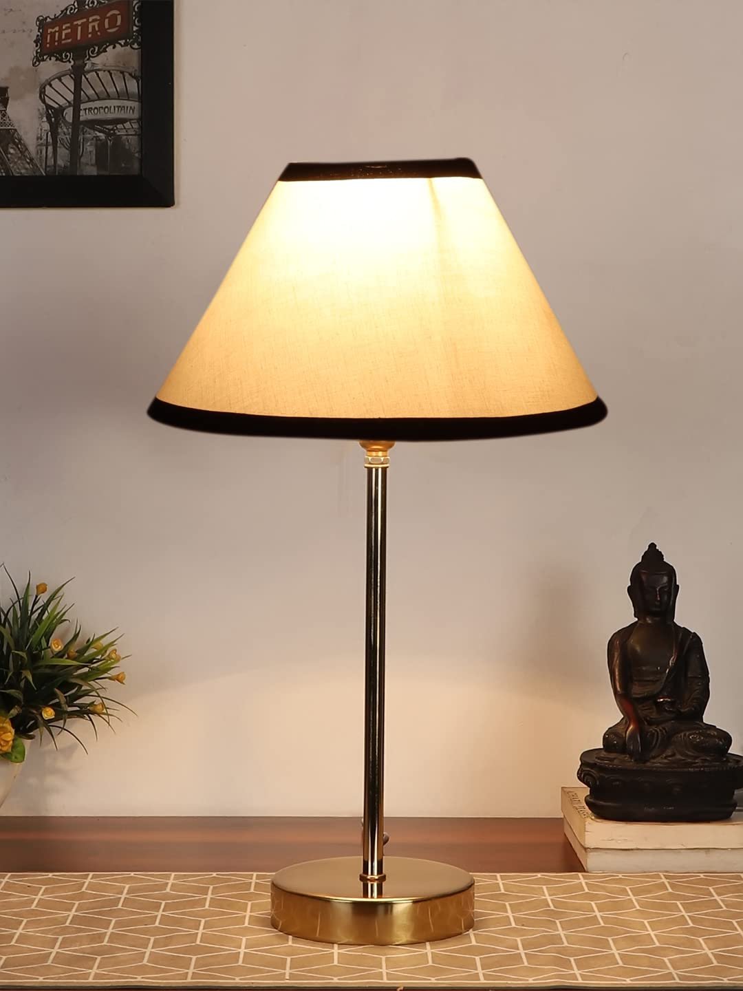 White & Black Cotton with Metal Gold Table Lamp-AS