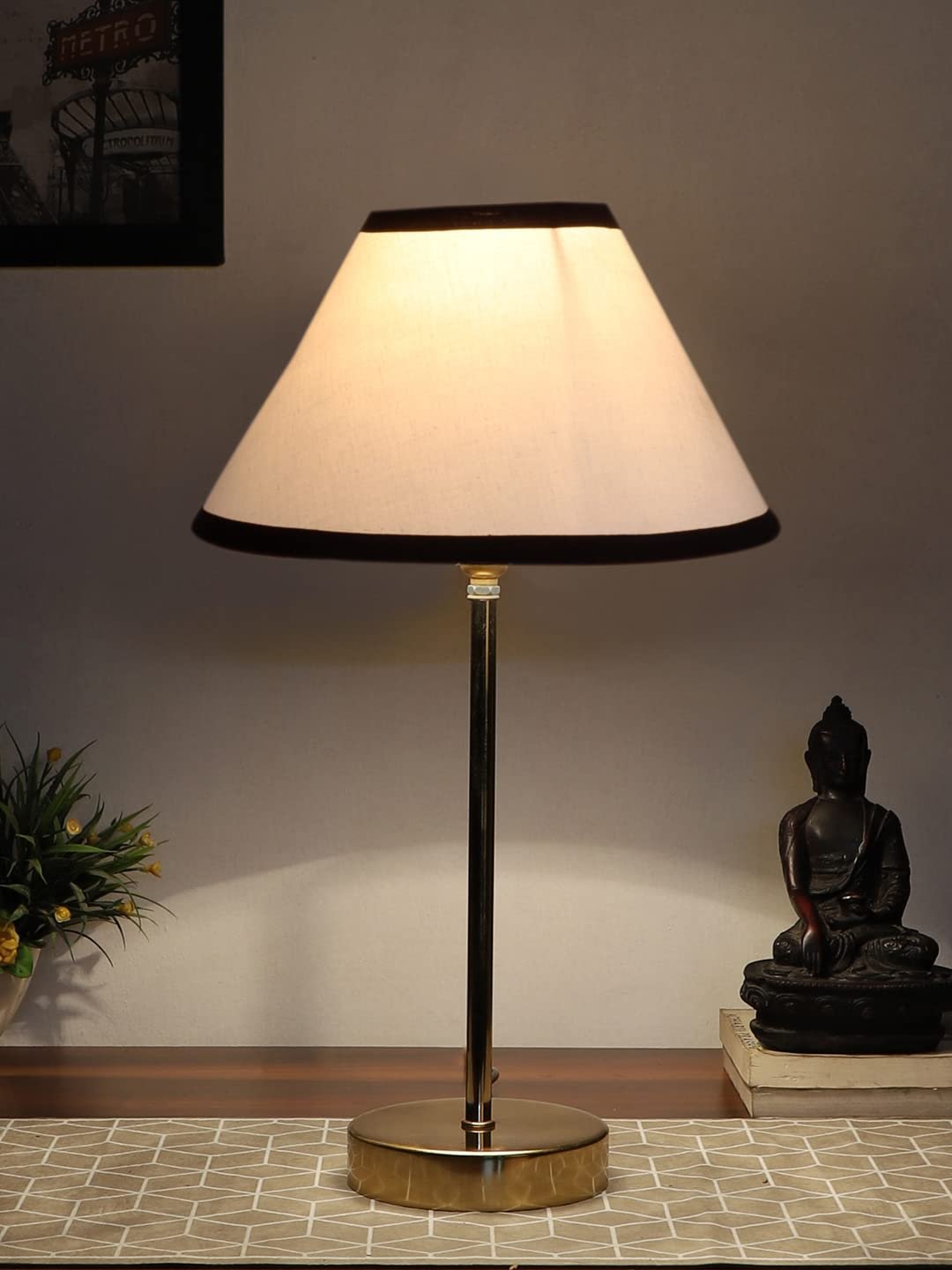 White & Black Cotton with Metal Gold Table Lamp-AS