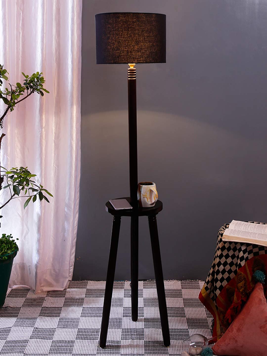 Black Cotton Drum Shade Wood Brown Table Floor lamp