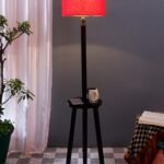 Red Cotton Drum Shade Wood Brown Table Floor lamp