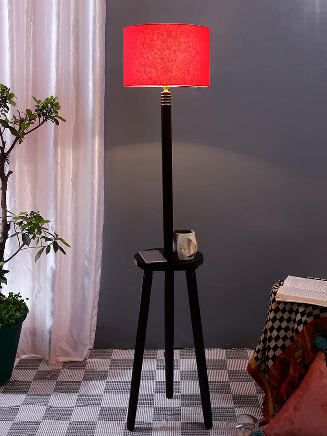 Red Cotton Drum Shade Wood Brown Table Floor lamp