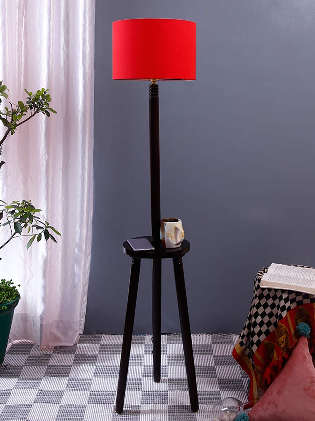 Red Cotton Drum Shade Wood Brown Table Floor lamp