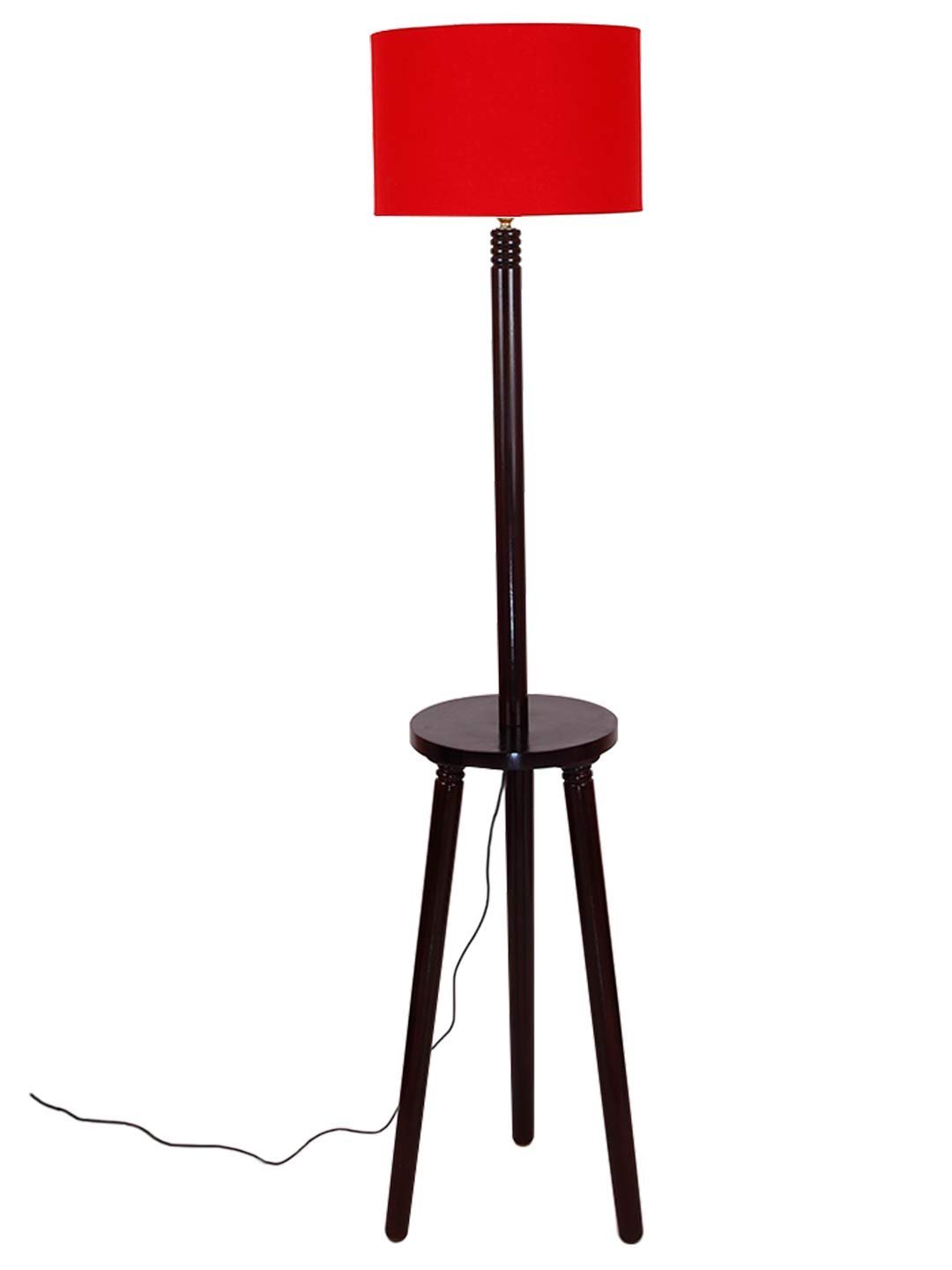 Red Cotton Drum Shade Wood Brown Table Floor lamp